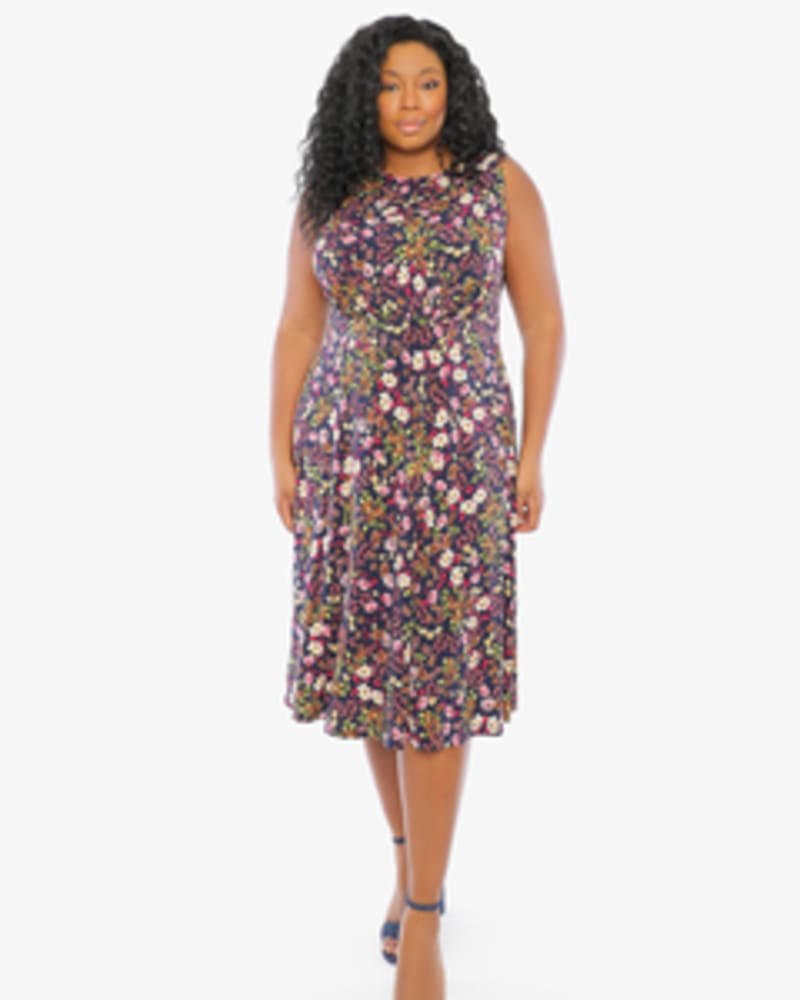 Front of a model wearing a size 14W Elizabeth Fit-and-Flare Dress in NAVY by London Times. | dia_product_style_image_id:254827